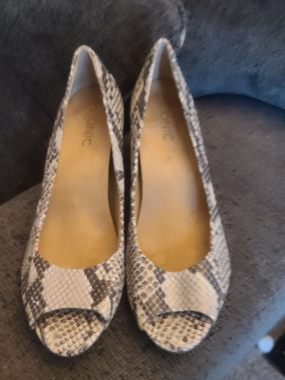 Vionic Women's Snake-Print Peep-Toe Wedges in Beige and Black